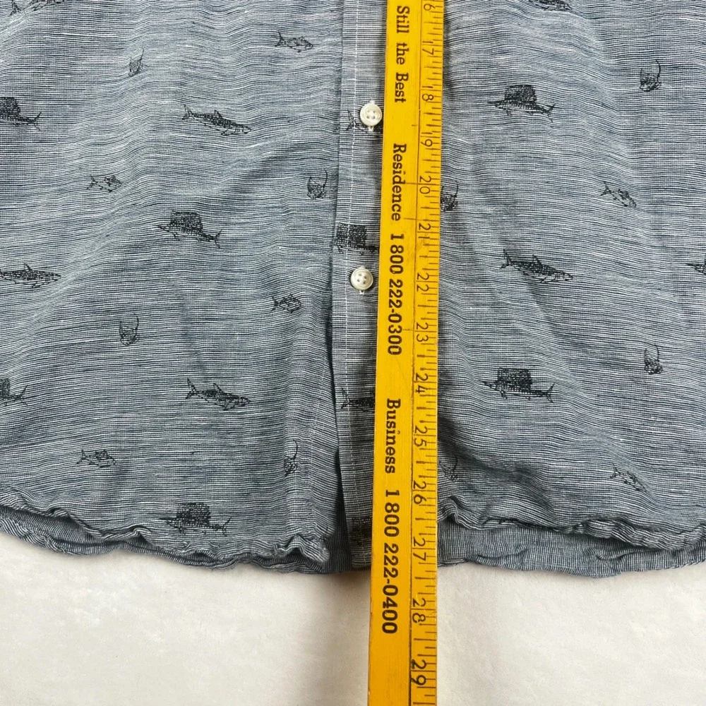 Banana Republic Mens Slim Fit Linen Shark Sailfish Print Shirt Blue Large 547